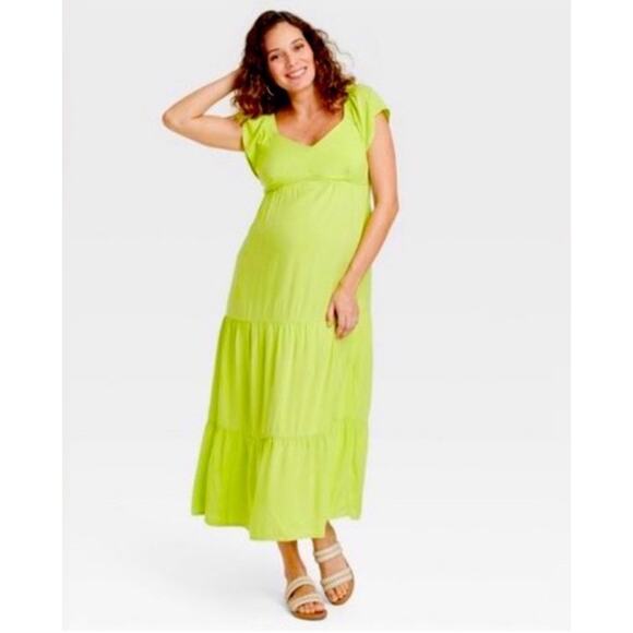 ingred + isabel | Maternity Lime Green Tiered Smocked Maxi Dress | large - Picture 1 of 7